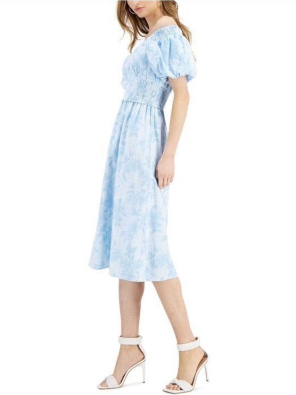 INC International Concepts Sky Blue Floral Smocked Off Shoulder Dress Jolene L - Picture 11 of 12